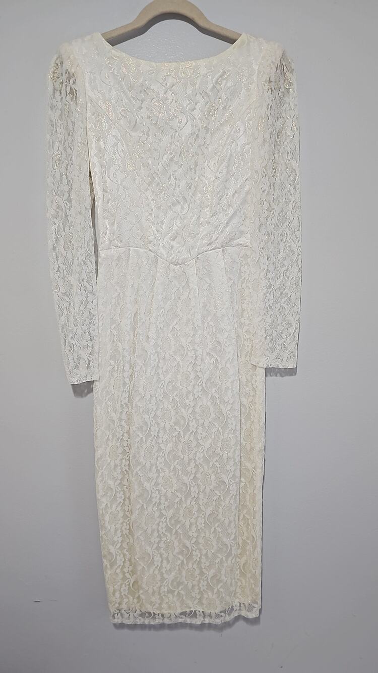 Vintage Glenrob White Lace Bridal Long Sleeve Dress Boat Neckline Bow Wedding